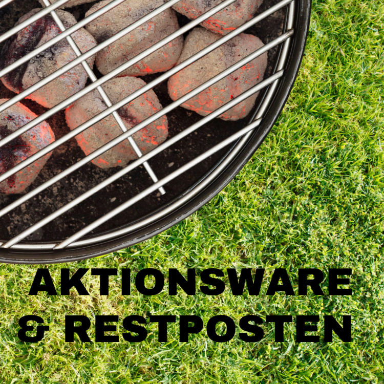 Grill von oben auf grüner Wiese mit Schrift Aktionsware & Restposten